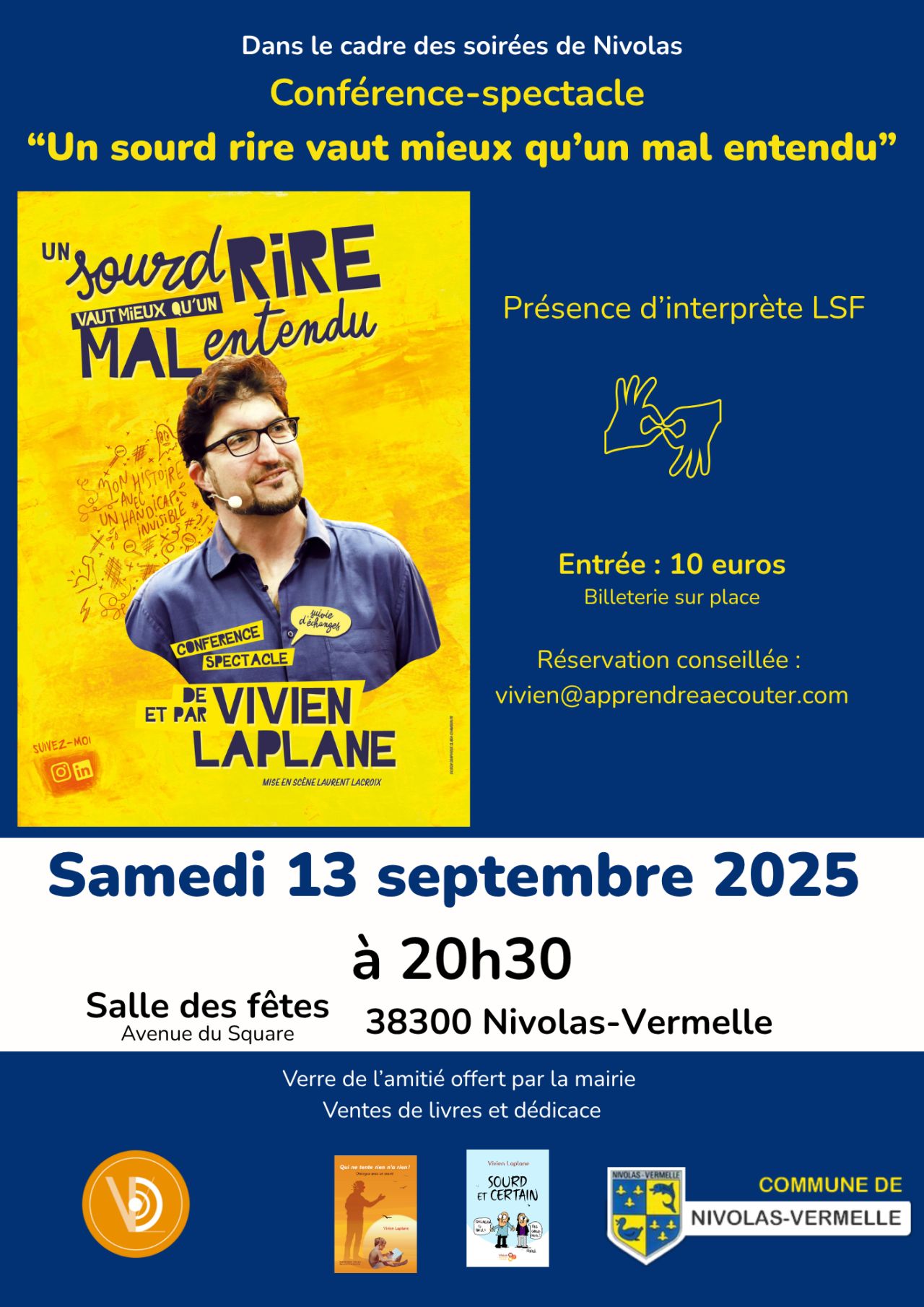 Affiche pour le spectacle de Vivien à Nivolas-Vermelle le 13 septembre 2025.
